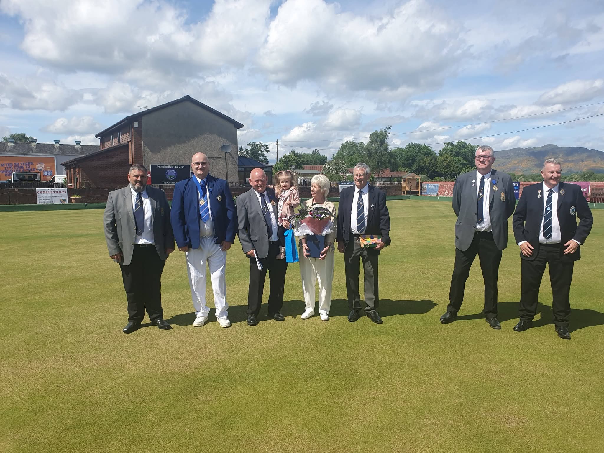 Sandy and Linda Deans with club officials and guests celebrating Sandy's 300th county cap